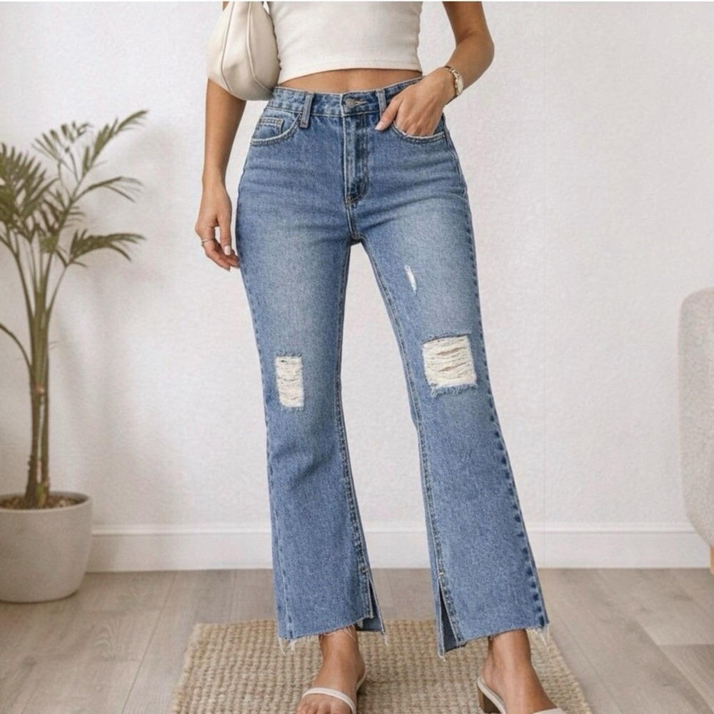 Avec Les Filles Distressed High Rise Split Hem Straight Jeans 29 Blue NWT